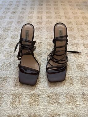 Steve Madden Dark Brown Patent Strappy Square Toe Heels